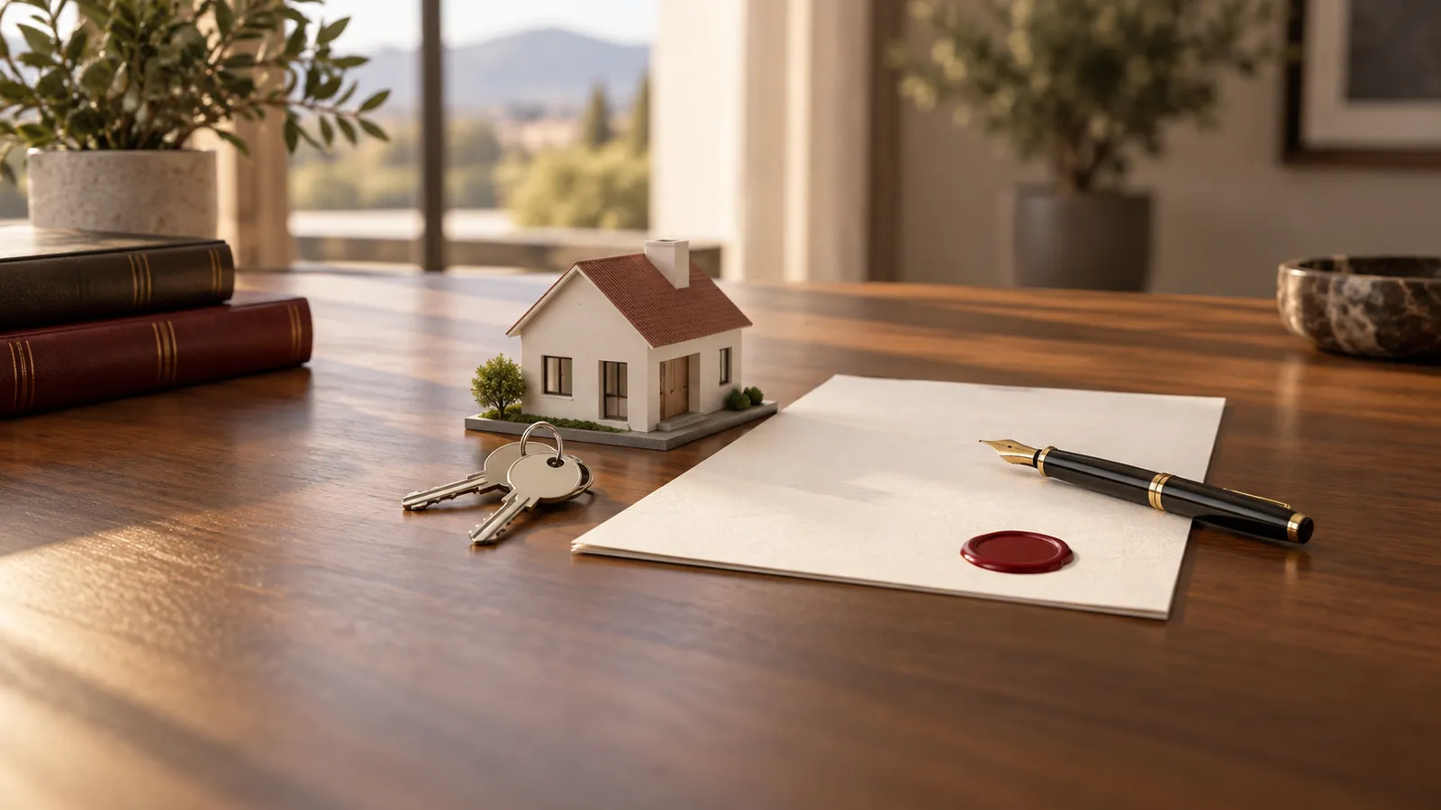 Maqueta de una casa con llaves, un documento sin firmar y un sello de lacre: un inmueble comprado sin escrituras