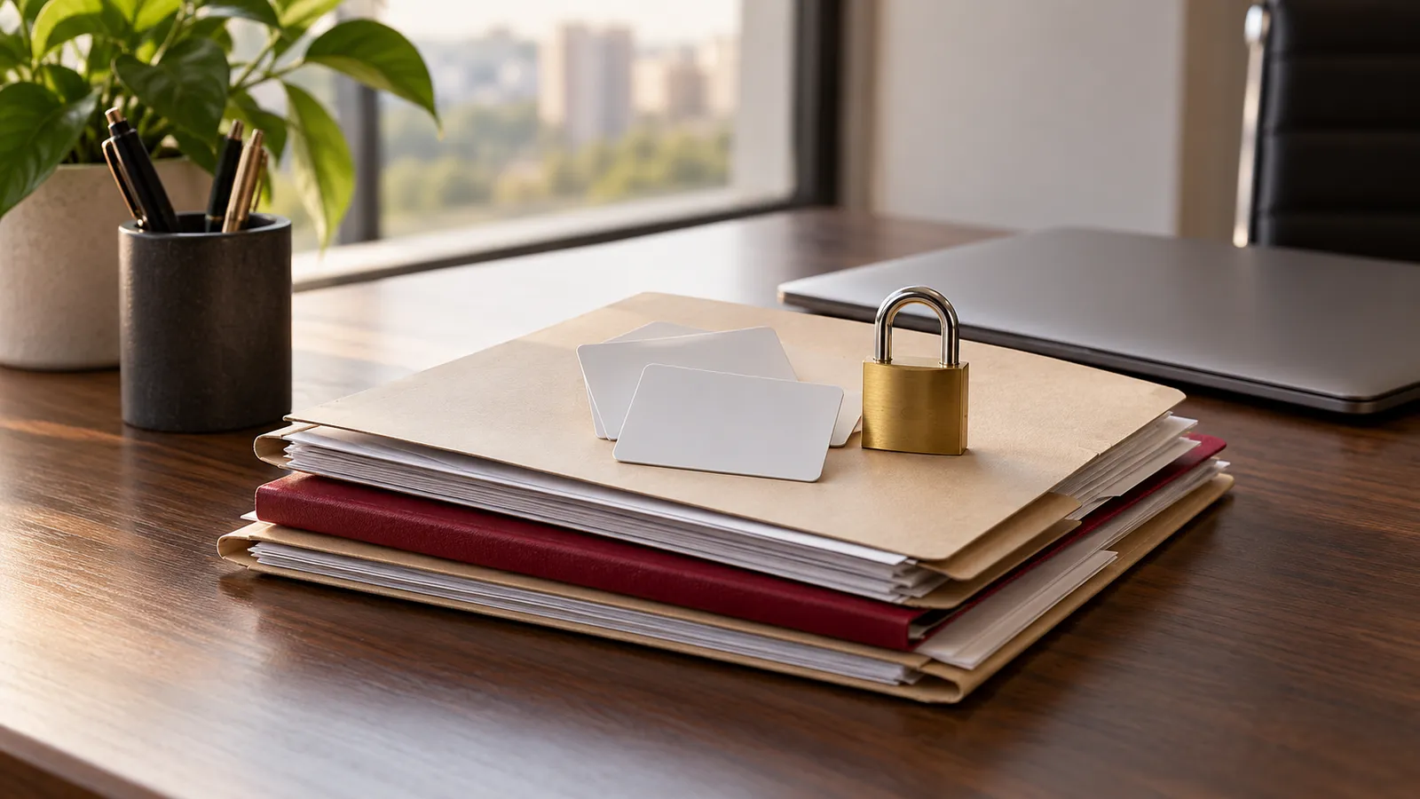 Carpetas y archivos con un candado sobre un escritorio de oficina: la protección de datos personales en una empresa