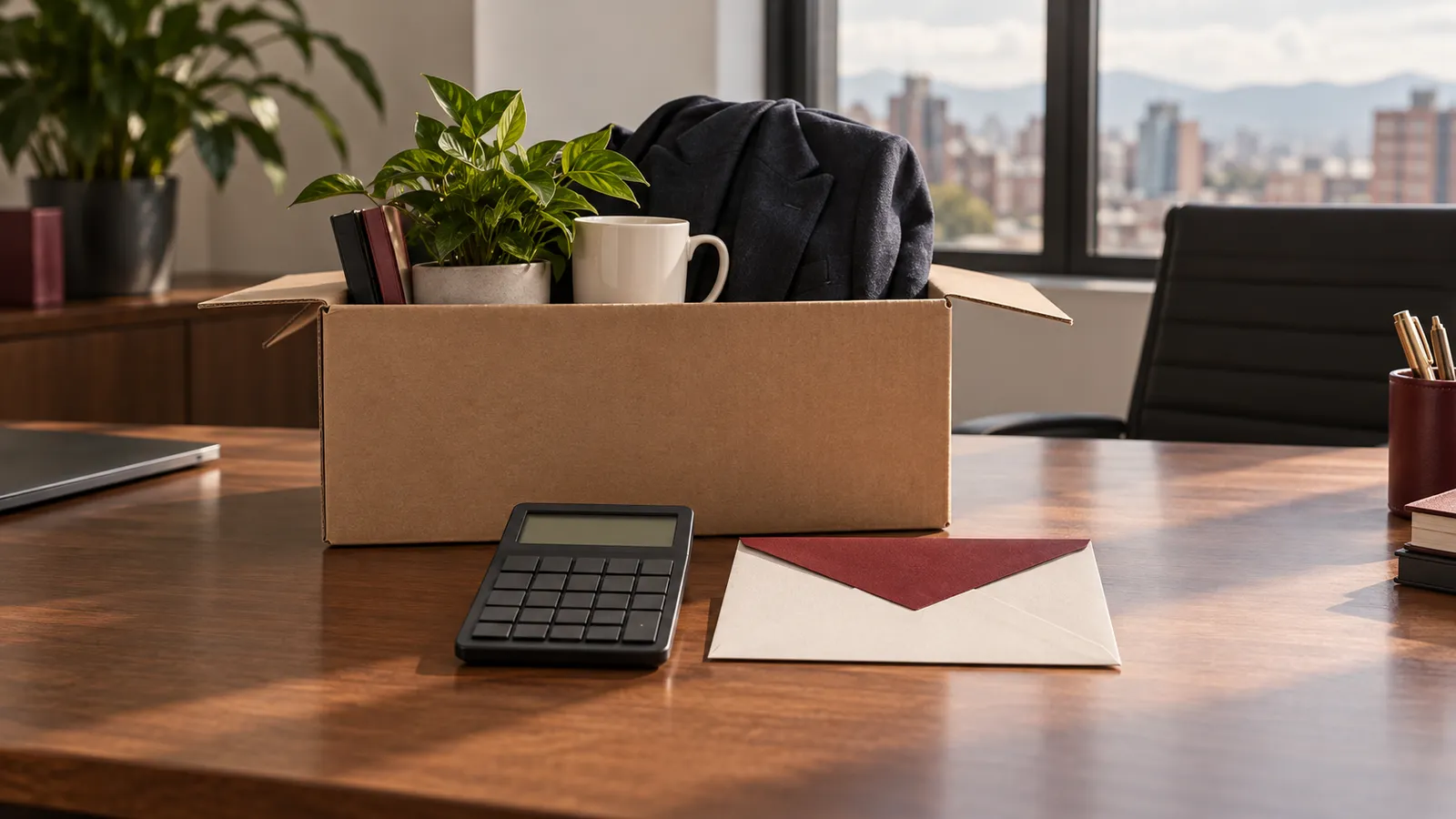 Caja con objetos de oficina junto a un sobre y una calculadora: la liquidación al renunciar a un trabajo