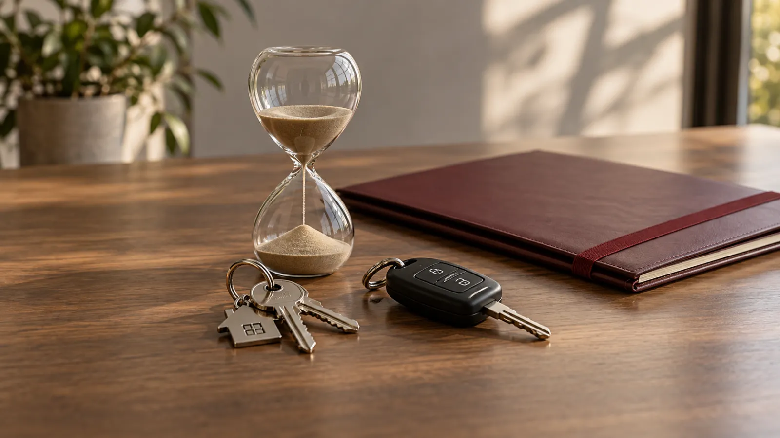 Llaves de casa y de carro junto a un reloj de arena: la repartición de bienes tras terminar una unión libre